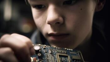 Caucasian engineer repairing computer chip with selective focus generated by AI photo