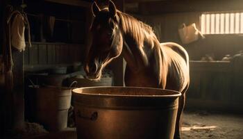 Horse eating hay in rustic barn stall generated by AI photo