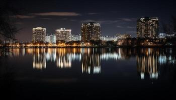 iluminado rascacielos reflejar en tranquilo frente al mar a oscuridad generado por ai foto