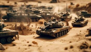 Heavy machinery on battlefield, armored tanks clash generated by AI photo