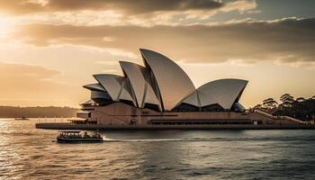 Modern architecture illuminates famous opera house at dusk generated by AI photo