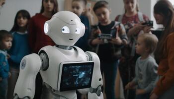 niños aprendizaje con futurista robótico brazo tecnología generado por ai foto