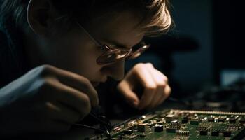 Caucasian technician soldering computer chip with concentration generated by AI photo