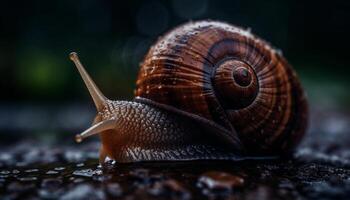 corredizo jardín caracol gateando en mojado hoja generado por ai foto