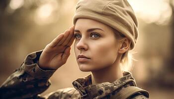 Young woman in autumn forest, looking confident generated by AI photo