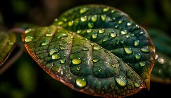 Vibrant leaf vein magnified, dew drop shines generated by AI photo