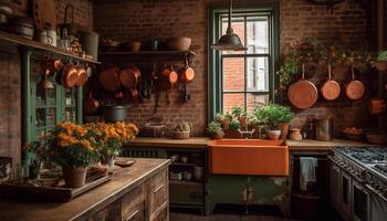 moderno cocina con rústico elegancia y frescura generado por ai foto