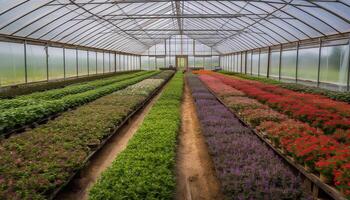 Fresh plants in greenhouse, nature colorful order generated by AI photo