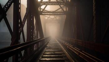 Steel bridge spans vanishing point over tranquil water generated by AI photo