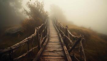 Walking through foggy forest on footpath bridge generated by AI photo