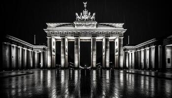 iluminado neo clásico Monumento refleja en agua a oscuridad generado por ai foto