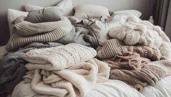 Cozy woolen bedding stack for winter warmth generated by AI photo