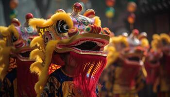 Multi colored dragon dances through traditional Chinese parade generated by AI photo