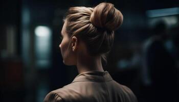 Young woman with hair bun exudes elegance generated by AI photo