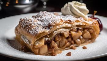 Homemade apple strudel slice with whipped cream generated by AI photo