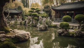 tranquilo estanque refleja antiguo pagoda en naturaleza generado por ai foto