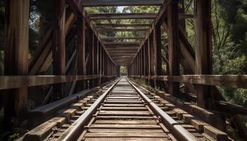 Vanishing point leads to abandoned steel construction frame generated by AI photo