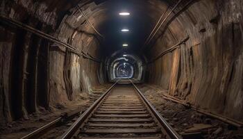 Diminishing perspective of abandoned subway station corridor generated by AI photo