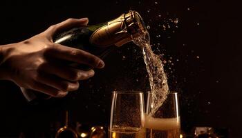 Hand pouring champagne, glass splashing, celebratory toast generated by AI photo