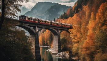 Steam train speeds over autumn viaduct bridge generated by AI photo