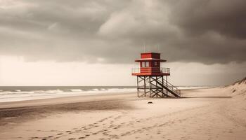 Tranquil lifeguard hut on abandoned coastline generated by AI photo