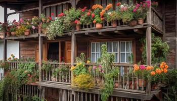 Multi colored flowers adorn rustic window sill outdoors generated by AI photo