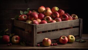 jugoso manzanas en de madera caja, otoño cosecha generado por ai foto