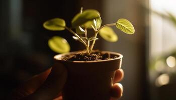Hand holding small seedling, new life begins generated by AI photo