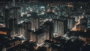 Glowing skyscrapers illuminate the modern city skyline generated by AI photo