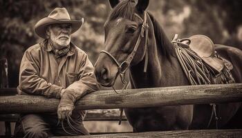 vaquero montando semental, mirando dentro el distancia generado por ai foto