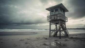 Abandoned lifeguard hut on tranquil coastline generated by AI photo