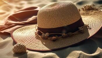 Straw hat, sunglasses, sand, and relaxation generated by AI photo