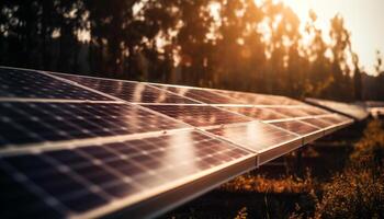 Sunset over solar power station charging clean energy generated by AI photo