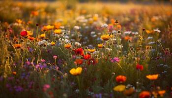 Vibrant wildflowers bloom in tranquil rural meadow generated by AI photo