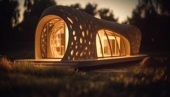 Illuminated modern architecture blends with natural landscape generated by AI photo