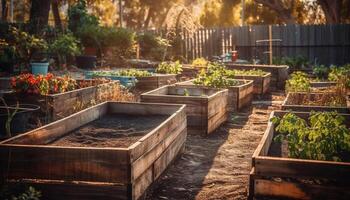 Fresh green growth in vegetable garden rows generated by AI photo