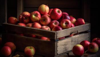 maduro manzanas en de madera caja, otoño cosecha generado por ai foto