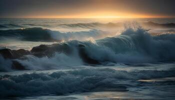 Surfing at dusk, waves crashing in awe generated by AI photo