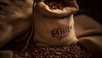 Dark roasted coffee beans in burlap sack generated by AI photo