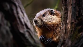 Fluffy rodent sitting on branch, eating nut generated by AI photo