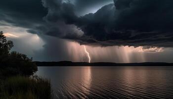 Moody sky over mountain, storm cloud brewing generated by AI photo