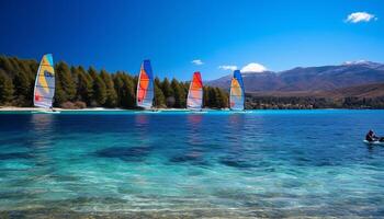 Sailing yacht glides on turquoise waves peacefully generated by AI photo