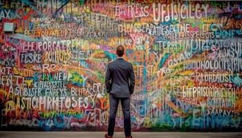 Young businessman walking city street, graffiti ideas generated by AI photo