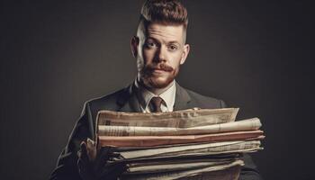 Confident businessman reading newspaper, standing with stack generated by AI photo