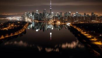 City skyline glows in multi colored twilight reflection generated by AI photo