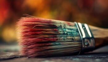 Vibrant paintbrush strokes on old wooden plank generated by AI photo