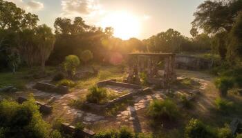 Ancient ruins in forest, beauty at dusk generated by AI photo