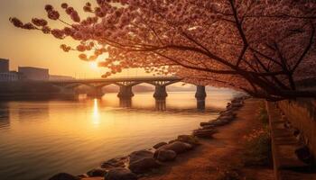 Silhouette of bridge reflects pink sunset on water generated by AI photo