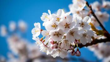 Fresh cherry blossom petals adorn springtime branches generated by AI photo