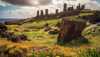 antiguo restos en acantilado, belleza en naturaleza generado por ai foto